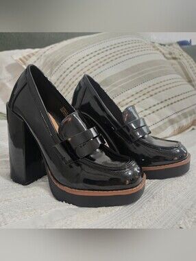 Rouge Helium - Platform Chunky Patent Loafer Heels - Black